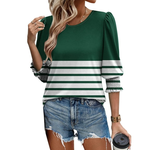SOOMLON Womens 3/4 Length Sleeve Tops Petite Tunic Stretchy Tops Casual Round Neck Shirts Cute Striped Graphic T Shirts 2025 Trendy Spring Summer Ladies Tops Loose Fit Outfits Pullover Army Green XL