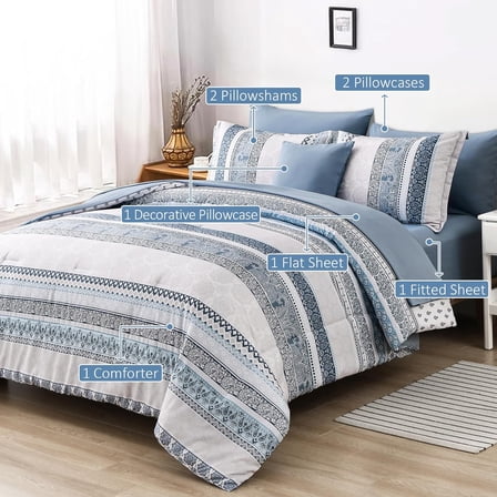 Boho Comforter Set Queen Size Light Blue Comforter Set 8 Piece Bed in a Bag Paisley Floral Bedding Sets All Season
