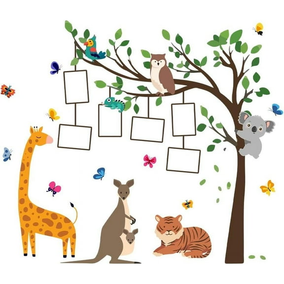 Colorful Animal Family Wall Stickers Tree with Hanging Photo Frames Peel and Stick Giraffe Tiger Kangaroo Decals for Nursery Playroom Bedroom Living Room Colorful
