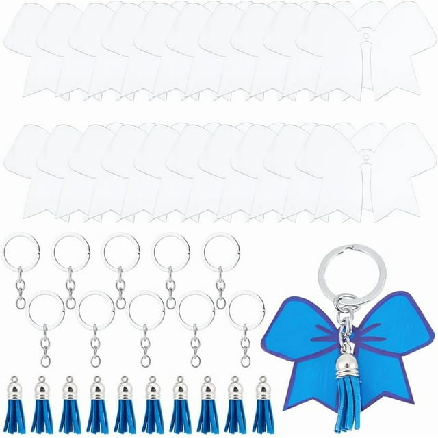 60 piezas DIY 20 juegos de llaveros acrílicos en blanco para kit de vinilo con lazo, dijes acrílicos en blanco, dijes grandes en blanco, llaveros azules con borlas, llaveros de metal, llaveros