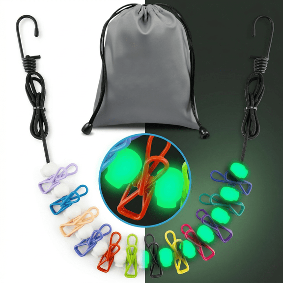 CNDRLEF Portable Travel Clothesline with 12 Clips, Glow in the Dark Laundry Line, Stretchable 6-10 Ft with Bag for Camping, Hotel, RV