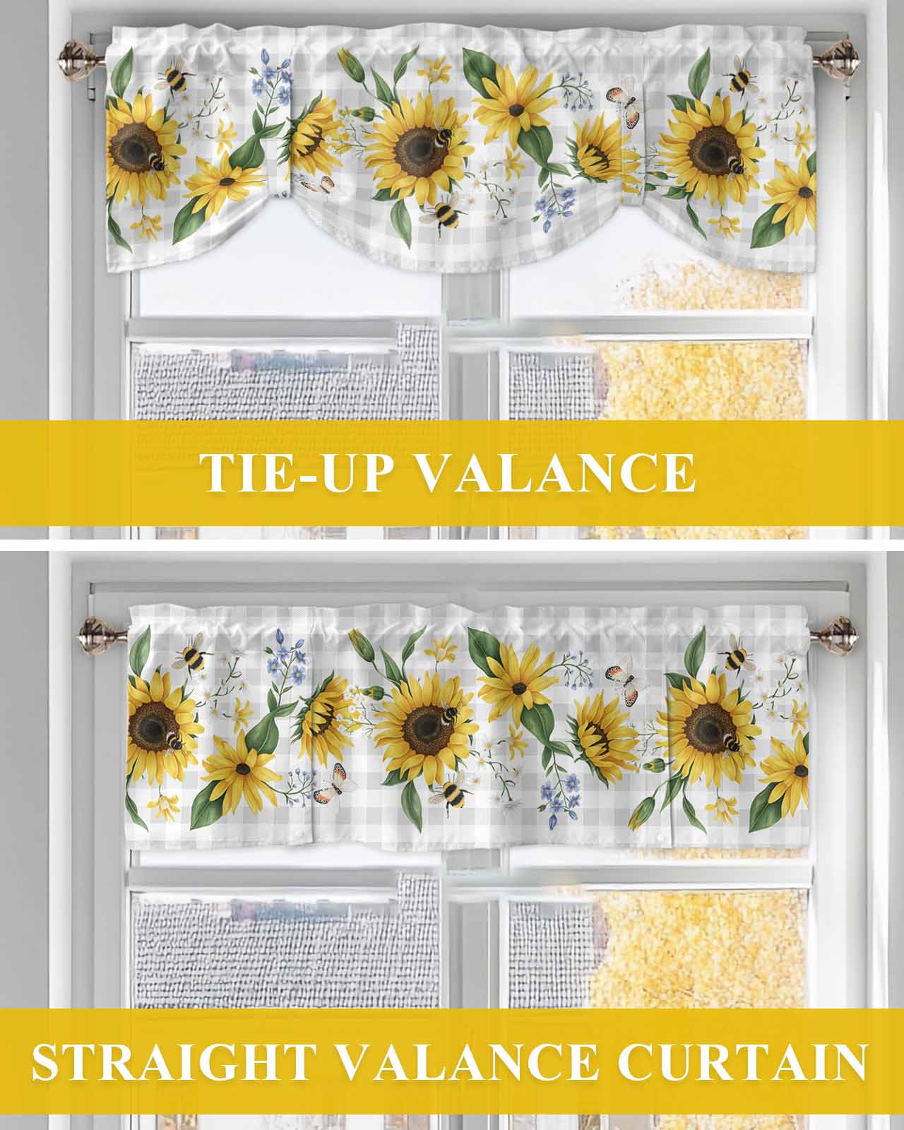 Sunflower Tie Up Valances Curtain, Adjustable Kitchen Butterfly Bee Valances for Windows Decor, Rod Pocket Short Curtains Set for Bedroom/Bathroom, 60"x18"