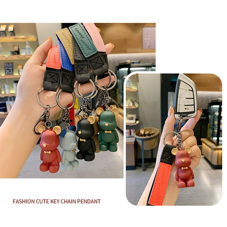 Cartoon Bear Charm Keychain With Cute Wristlet - Trendy Styles