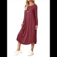 thumbnail image 2 of Vestido Informal Holgado de Cuello Redondo y Larga para Mujer, con Bolsillos Inclinados y Dobladillo Curvo. Vino Tinto S, 2 of 9