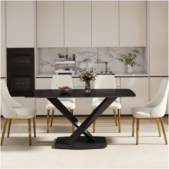 Modern 6-Seater Dining Table with Sintered Stone Top and Curved Black Metal Legs, Rectangular Design for Dining Room