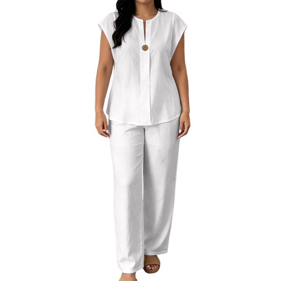 MXUIKV 2 Piece Sets for Women Summer Loose Fitted Sleeveless V-Neck T-Shirts Straight Leg Trousers(X-Large,White)