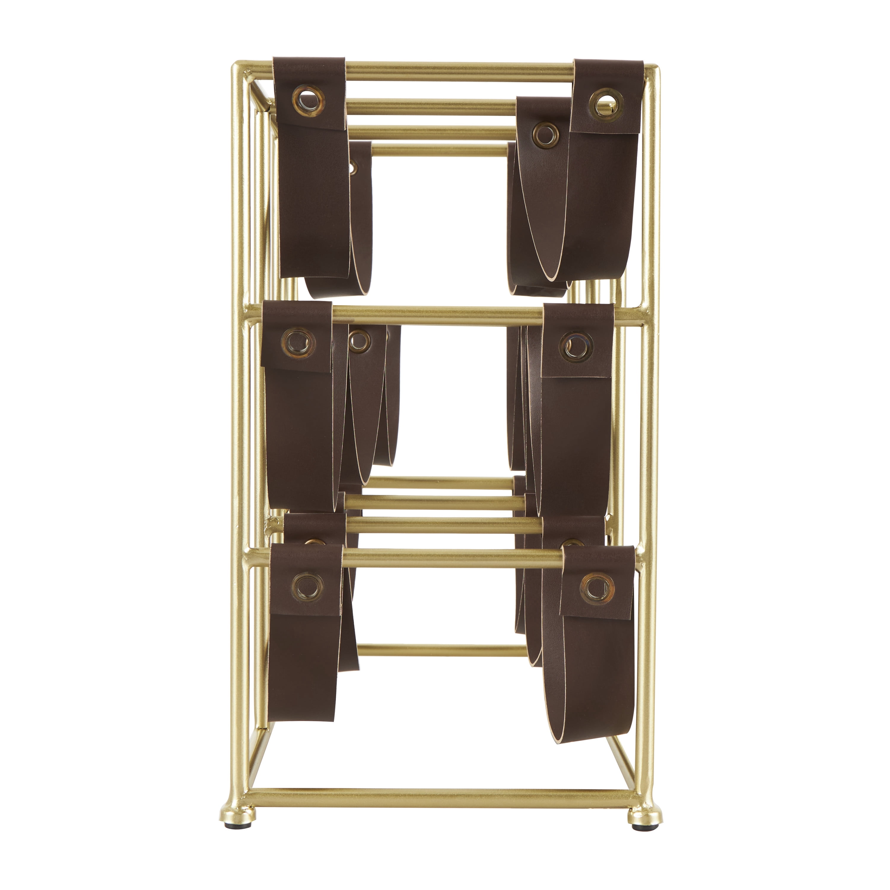 DecMode 14" x 13" Gold Metal Wine Rack with Faux Leather Holding Straps, 1-Piece