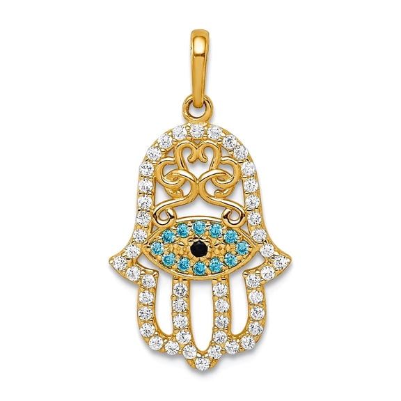 10k Solid Yellow Gold Multi-colored Cubic Zirconia Hamsa Pendant Necklace 22mm Long Pendant for Women