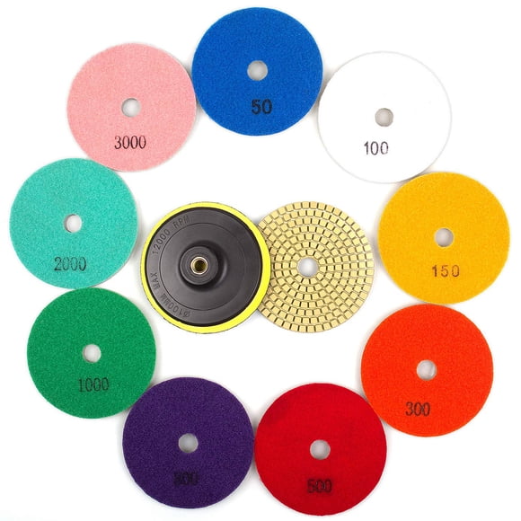 ADVcer Wet Diamond Polishing Pads Set, 4" 10 Pads 50 to 3000 Grit with Hook and Loop Backing Holder Disc - Ideal Buffing Kit for Granite Concrete Marble Stone Countertop Tile Floor Grinder or Polisher