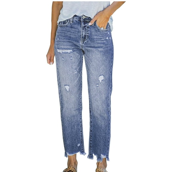 vigerkar Women 's Straight Leg Jeans High Waist Loose Fit Denim Jeans Casual Distressed Denim Pants Wide Leg Raw Hem Jeans Light Blue, S