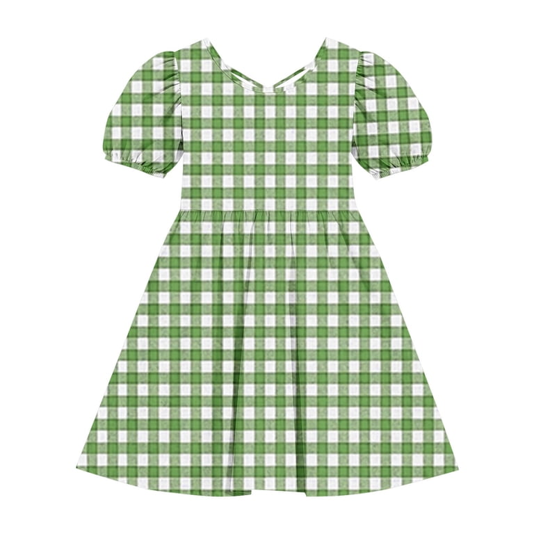 Efsteb Girls Plaid Puff Sleeve Dress Kids Round Neck Criss-Cross Back Casual Swing Dress with Plaid Print (Army Green,5-6 Years)