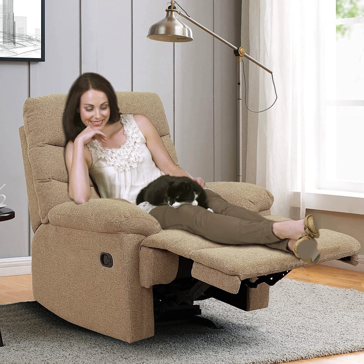 Nathaniel Home Recliner Chair, Upholstered Fabric Chair, Single Manual Reclining Sofa, Home Theater Seating, Footrest for Bedroom Elderly Lounge, Mocha Brown
