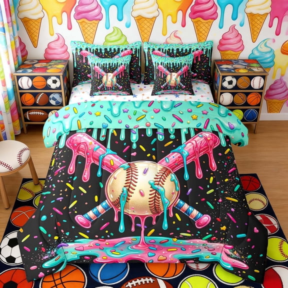 Erosebridal Pink Teal Drippy Baseball Bat Print Twin Bedding Sets, Colorful Sports Bedding Comforter Set for Kids Boys and Girls, Colorful Stars Reversible 7pcs