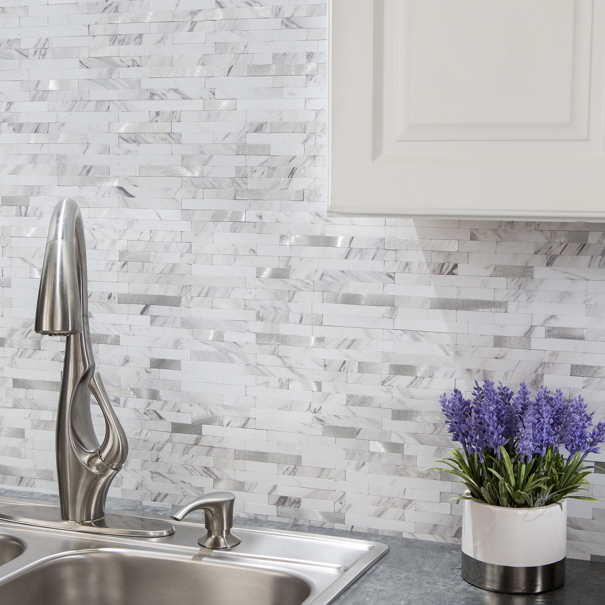 Aspect Collage 12in x 5.8in Peel and Stick Backsplash in Marble Shine (2pc per pack/5-Pack)