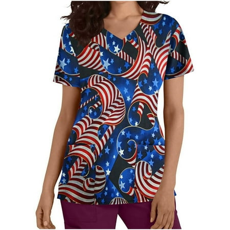 

Taqqpue Independence Day V-Neck Short Sleeve Scrub Tops for Women Plus Size American Flag Print Blouse Casual Working Nurse Uniform Workout Tops T-Shirts with Pockets 4th of July Outfits for Women