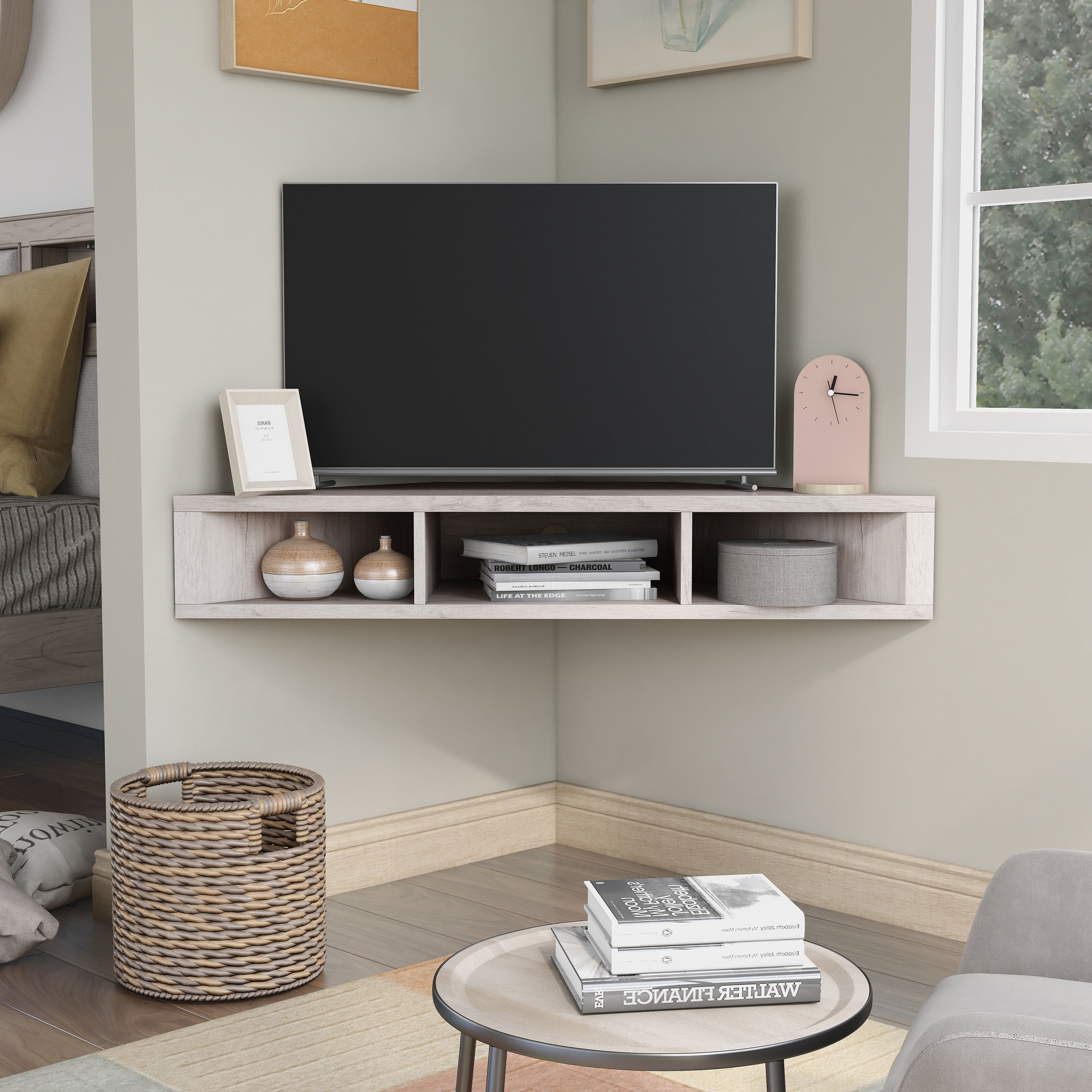 Sukhumi 3-Shelf Wood 42" Corner Floating TV Stand, White Oak