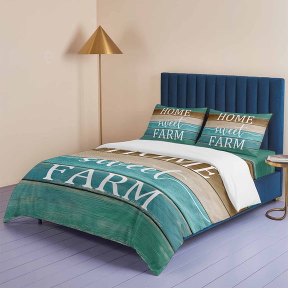 Home Farm Wood Board Queen Size Bed Set,Teal Brown Gradient Wooden Bedding for All Seasons,4 Pcs Bed Set,1 Quiltcover (90"x90"),1 Sheet (90"x102"),2 Pillowcases (20"x30")