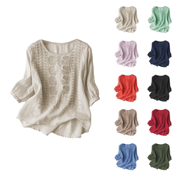 Vintage Boho T Shirts for Women 2026 Summer Lightweight Cotton Linen Half Sleeve Crewneck Floral Embroidered Tshirt