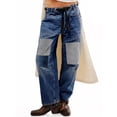 thumbnail image 3 of Women Low Rise Baggy Barrel Horseshoe Jeans Patchwork Denim Pants with Pockets, 3 of 6