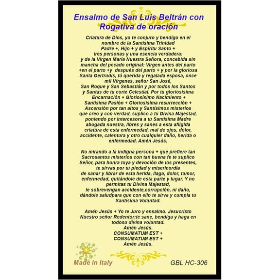 San Luis Beltran Tarjeta de Rezo Italiana Oracion con Ensalmo y Rogativa Laminada con Detalles Dorados