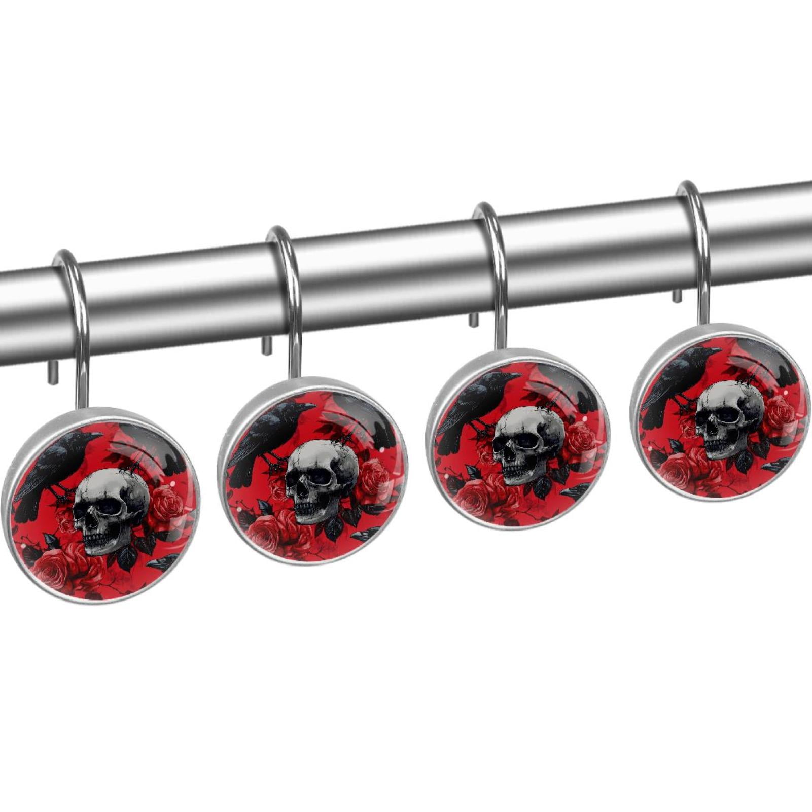 Dead Skull Raven Roses on Red Shower Curtain Hooks Round Crystal Glass, Set of 12 Shower Curtain Rings - Shower Hooks for Curtain Shower Rings