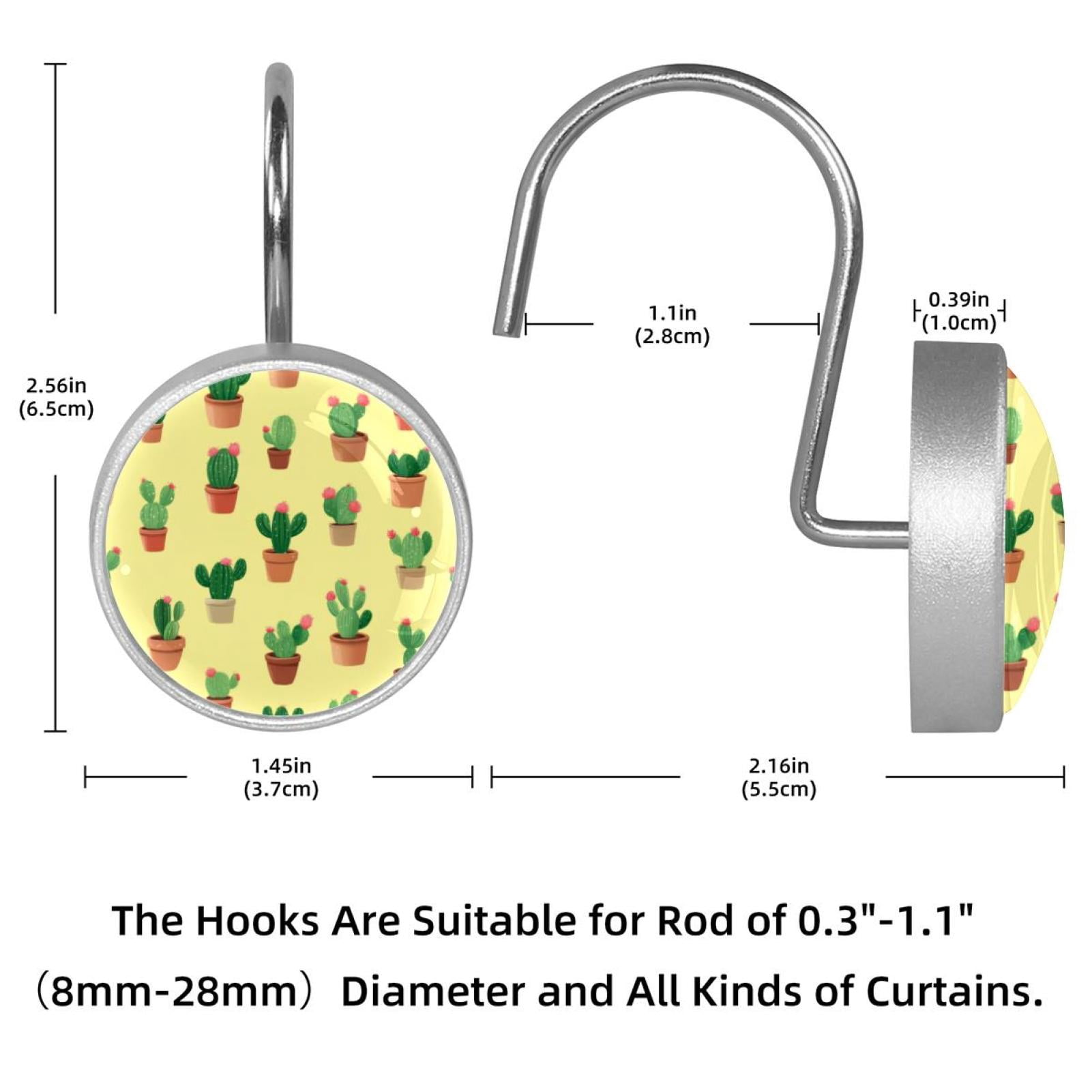 12pcs Decorative Shower Curtain Hooks, Rust Resistant Shower Rings for Bathroom Living Room,Rustproof Stainless Steel Rings for Shower Curtain and Liner Rods,Cactus Yellow Pattern