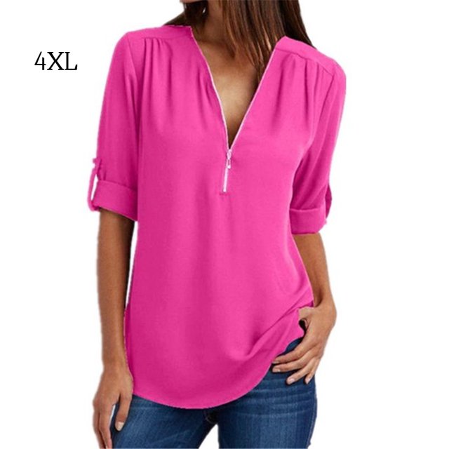 Sonducket - Camisa de manga corta con cuello en V para mujer con cremallera decorativa Prendas para la parte del cuerpo Rosa roja 4XL