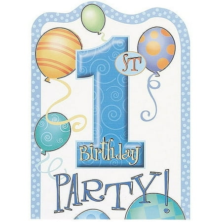 Blue First Birthday Invitations, 8pk