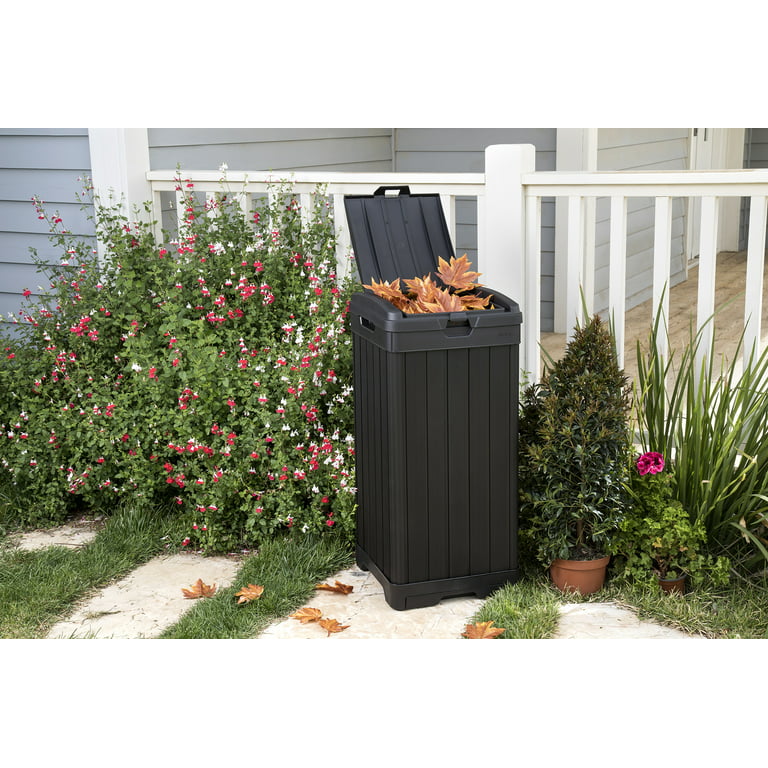 Keter Baltimore Duotech Outdoor Trash Can, Resin Wastebin, Black Woodlook 