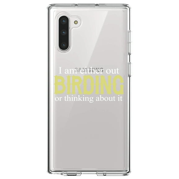 DistinctInk Clear Shockproof Hybrid Case for Samsung Galaxy Note 10 (6.3" Screen) - TPU Bumper Acrylic Back Tempered Glass Screen Protector - I'm Out Birding or Thinking About It