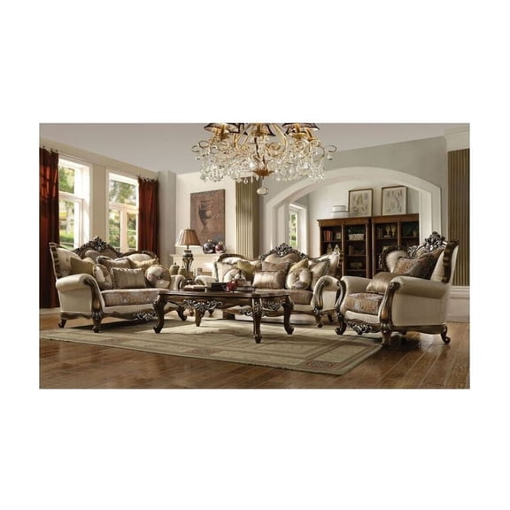 Loveseat with Pillows, 74" Sofa, Tan Fabric, Oak Finish, Living Room Seating
