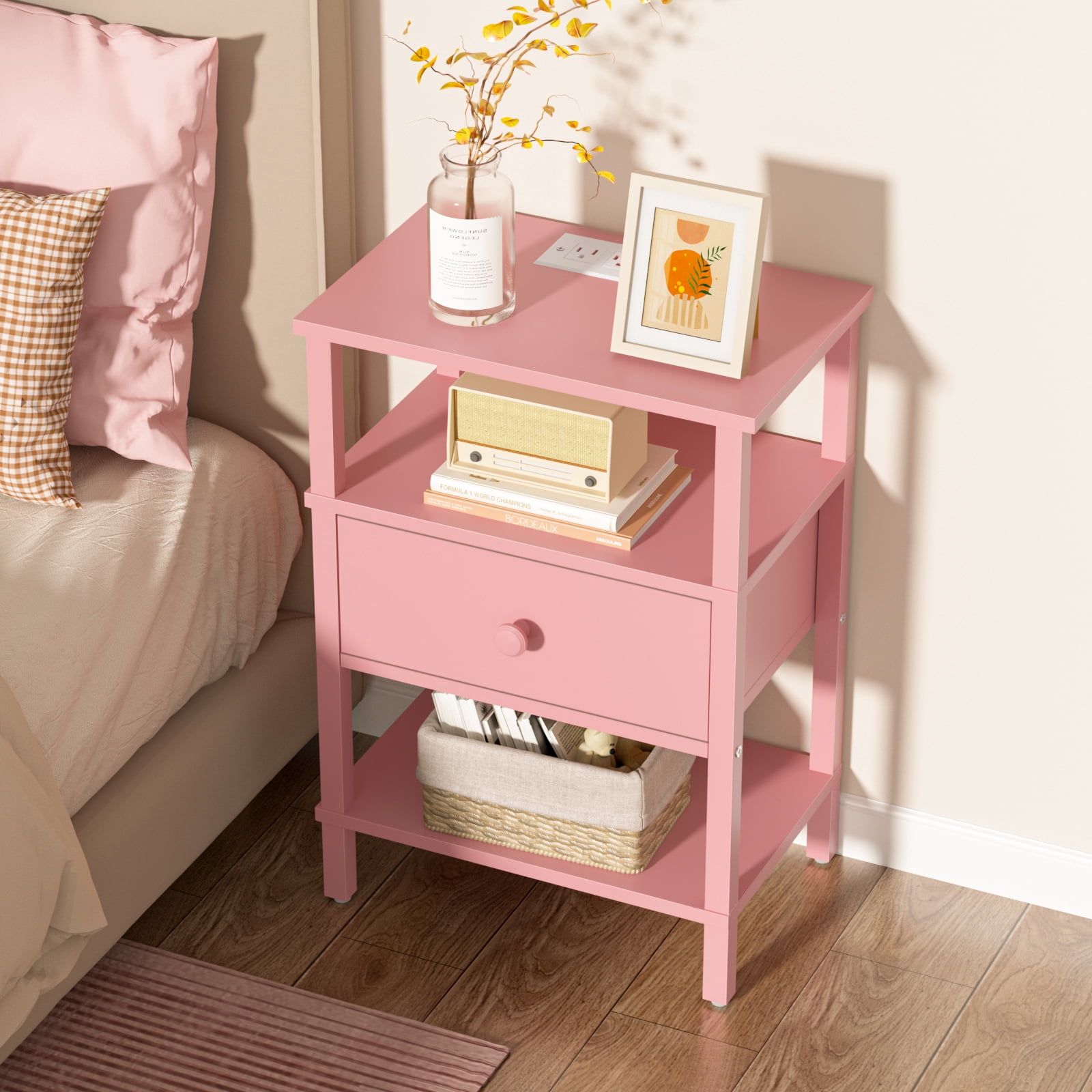 LEYAOYAO 3-Tier Narrow End Table with Charging Station, Wood Side Table for Living Room, Pink