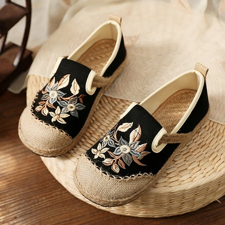 

Hinvhai Women s Casual Flat Fashion Classic Embroidery Print Canvas Non Slip Walking Espadrilles Soft Comfortable Breathable Loafer Shoes Black 7(39)