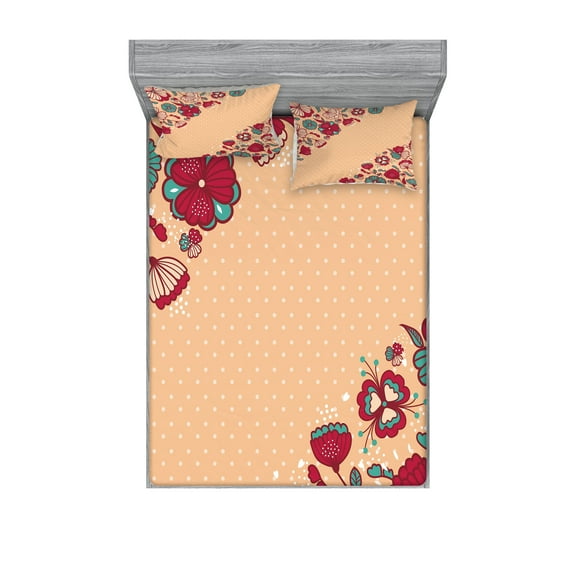 Ambesonne Floral Fitted Sheet & Pillow Sham Set, Nostalgic Polka Dots, Full, Teal Ruby Salmon
