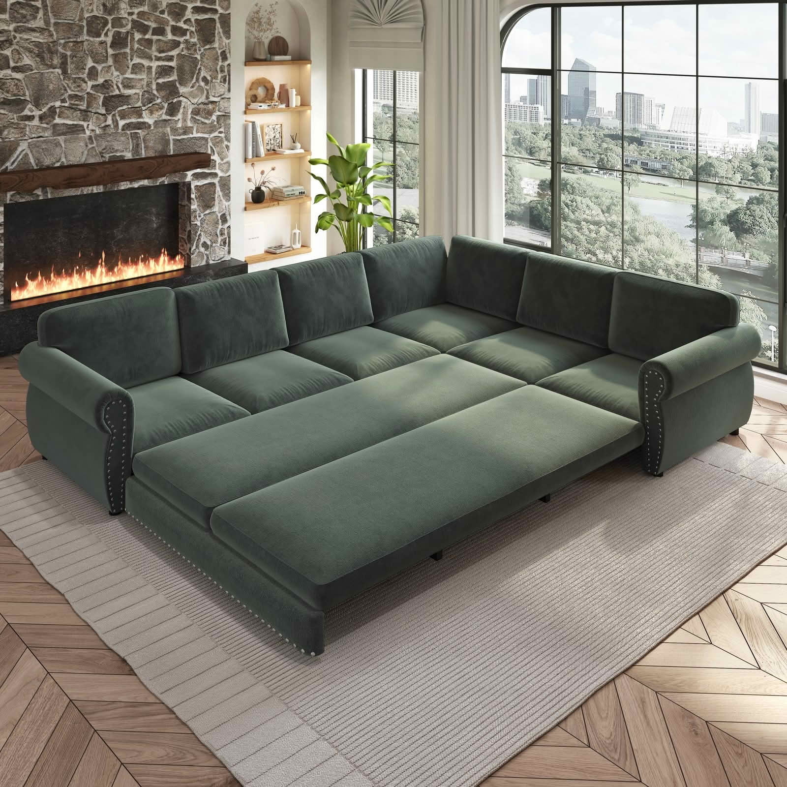 MAYEERTY 118" L‑Shaped Convertible Pull‑Out Sofa Bed, Chenille Sectional Couch with Nailhead Trim & Rolled Arms, Oversized Multifunctional Sleeper Sofa
