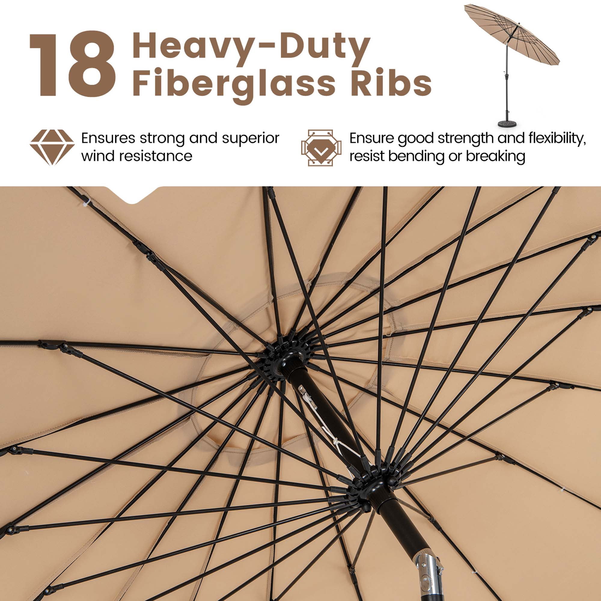 Costway 9 FT Patio Round Market Umbrella with Push Button Tilt, Crank Handle, Vented Top Tan