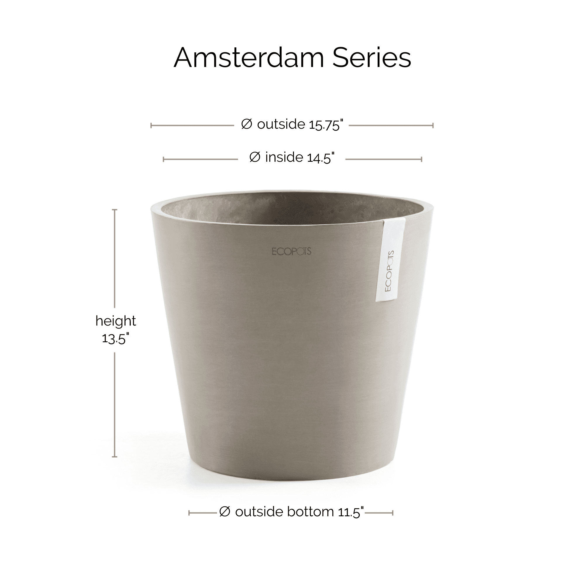 Ecopots Amsterdam Durable Modern Round Indoor/Outdoor Recycled Based Composite Flower Pot Planter, Taupe, 16"