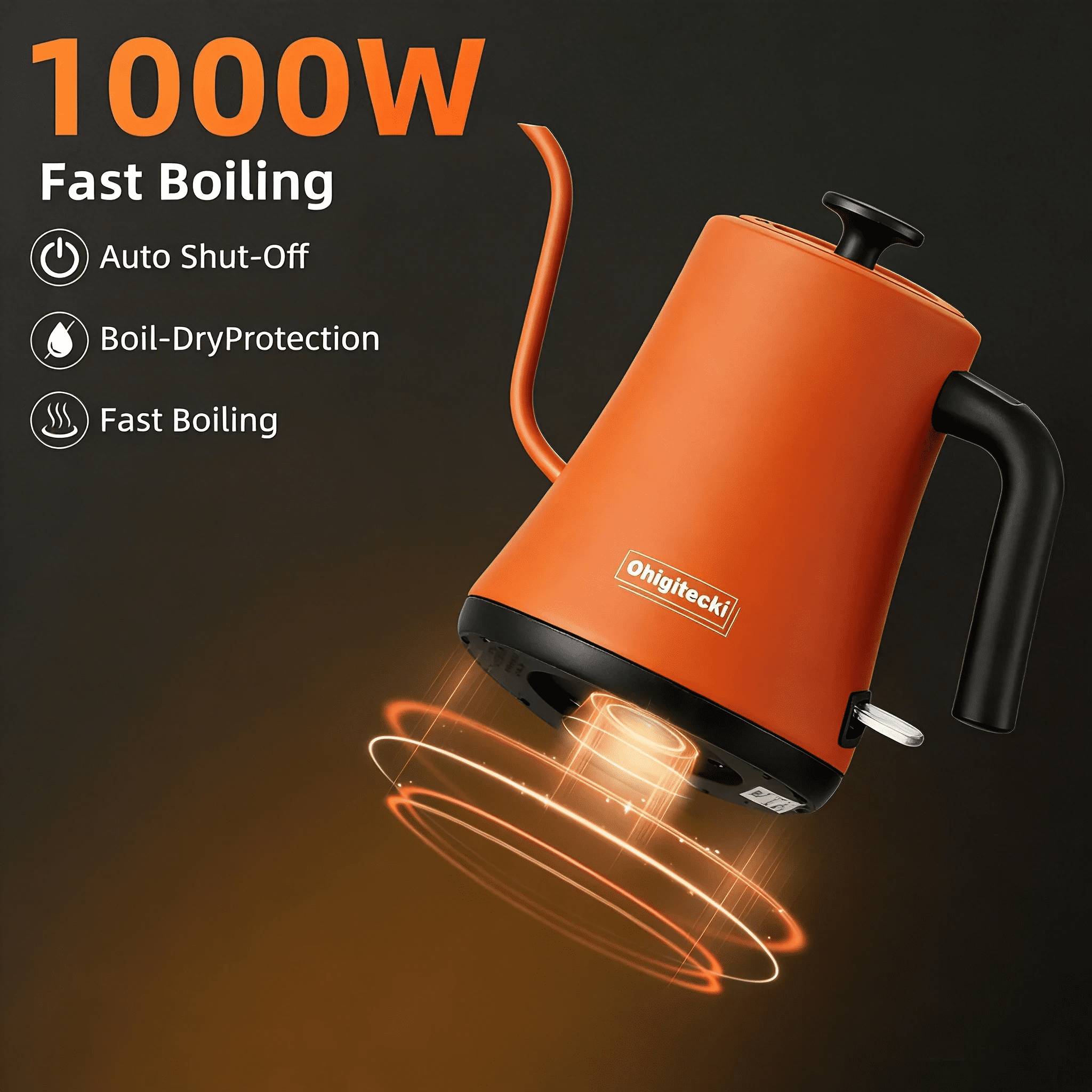 Electric Hot Water Kettle 1.0L, Gooseneck Spout Black Stainless Steel Coffee Pot with Built-in Temperature Gauge(orange)