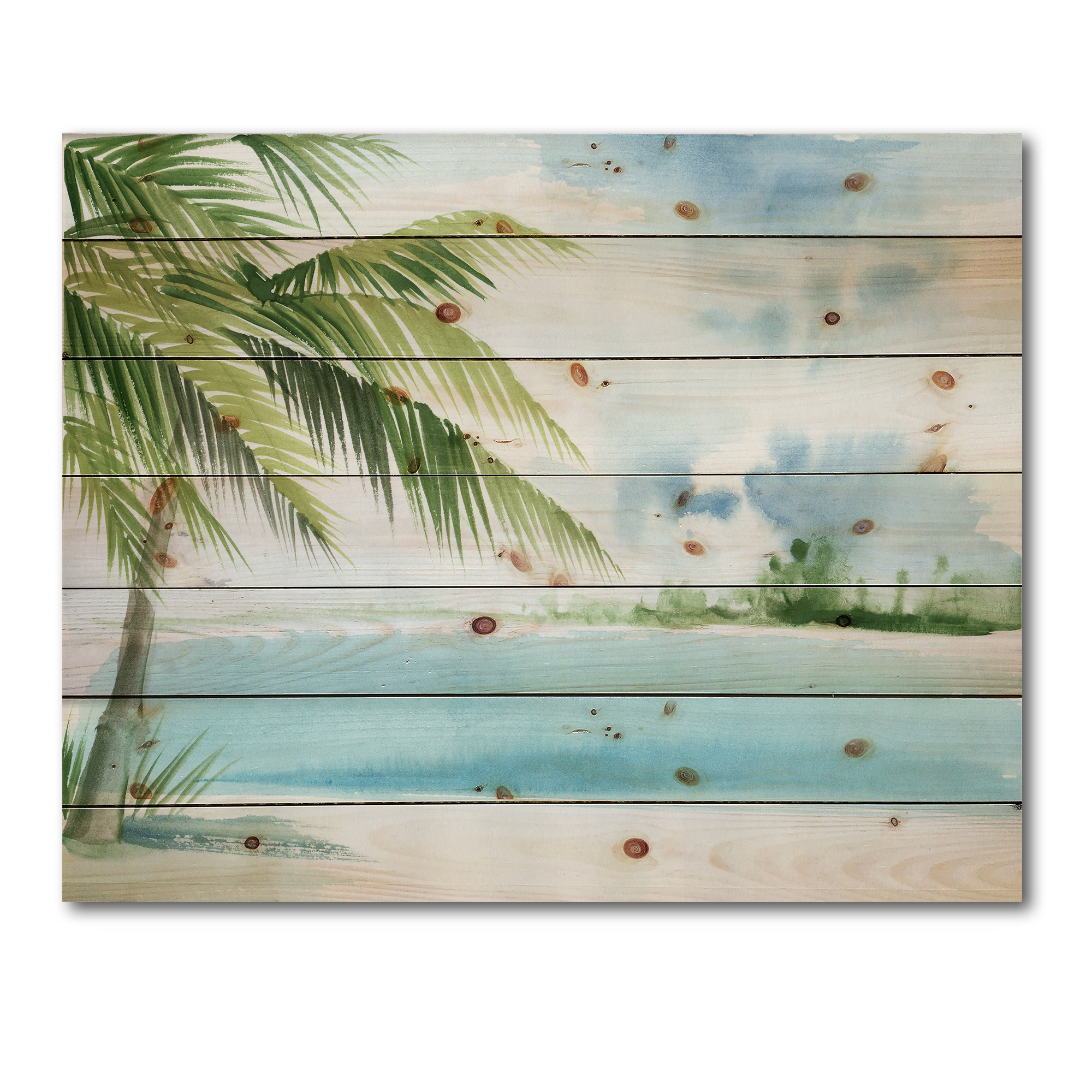 Designart 'Palm Beach Resort At Sunrise I' Nautical & Coastal Print on Natural Pine Wood