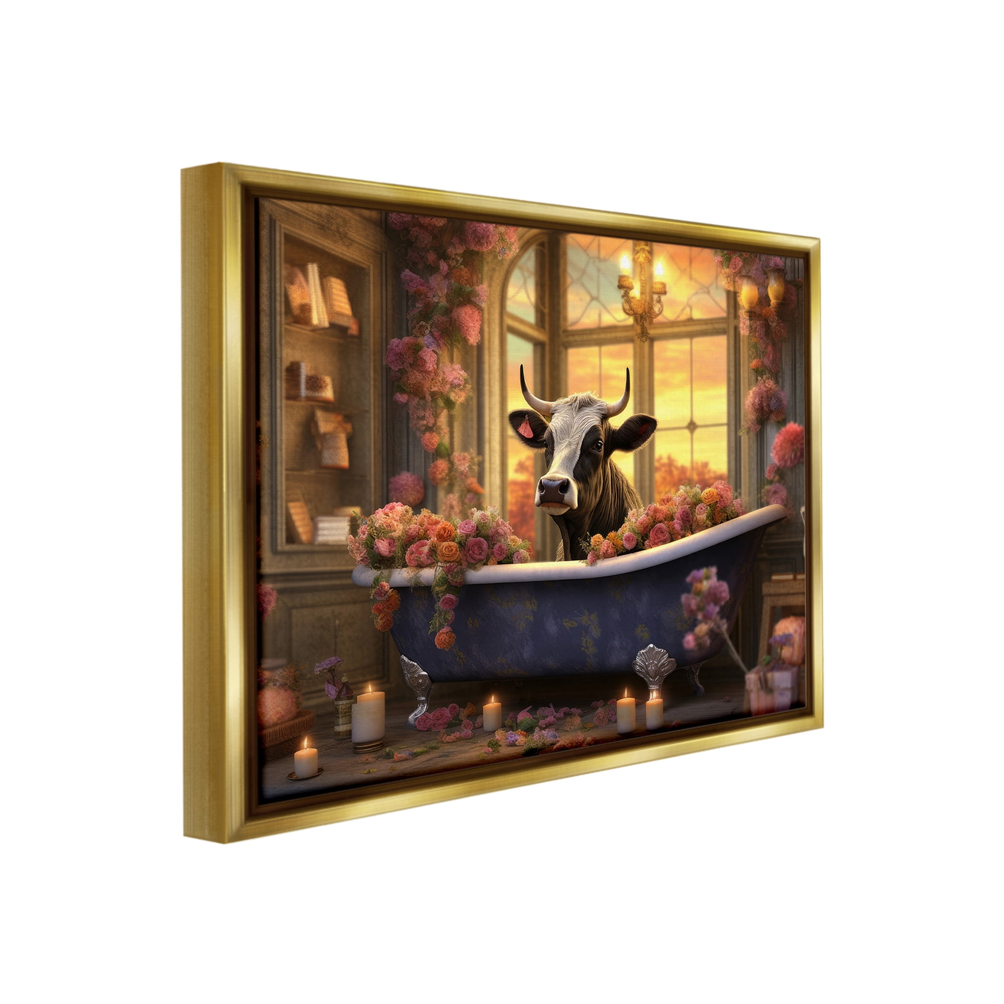 Stupell Industries Bathing Cow at Sunset Animals & Insects Painting Gold Floater Framed Canvas Art Print Wall Art, 31 x 25