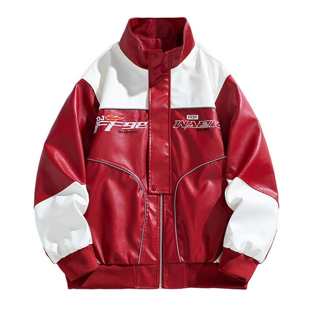 Men's Embroidered Motorcycle Jacket with Zipper and Button Closure, Inner Pocket, Faux Leather, Long Sleeve Stand-Up Collar for Biker, Casual, and Night Out