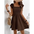 thumbnail image 6 of Coffee Brown Womens Solid Boat Neck Ruffled Cap Sleeve Smocked Waist A-Line Short Casual Dress, 6 of 6