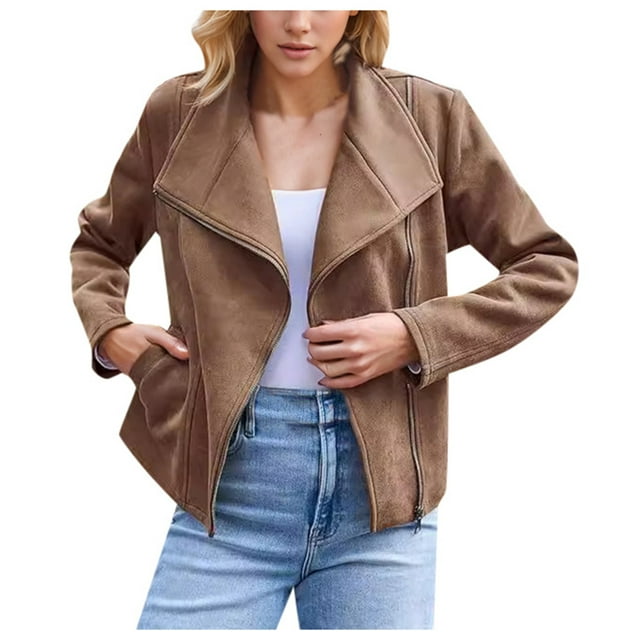 Veste de Moto Mode pour Femmes Grande Taille en Cuir Suédé pour Automne Hiver Tenue Décontractée