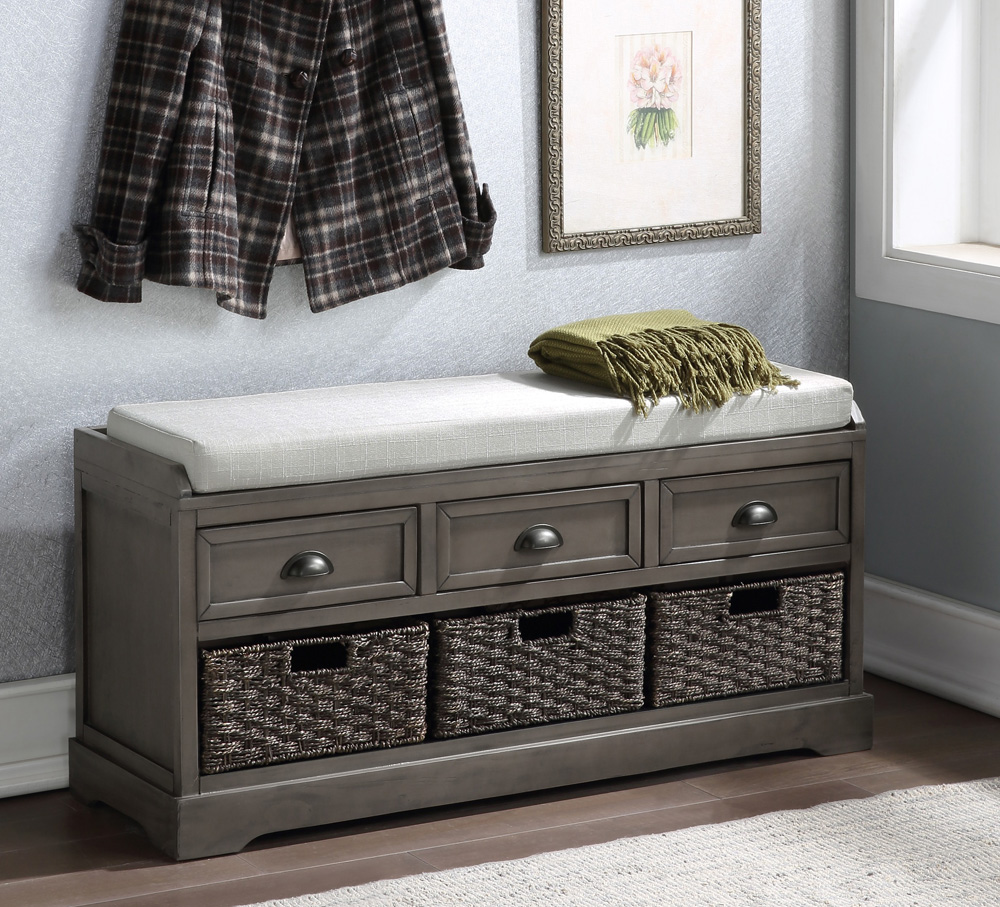 Storage Bench Entryway Bench Shoe Bench with Storage and Cushion and 3 Drawers and 3 Baskets for Living Room and Bedroom Grey