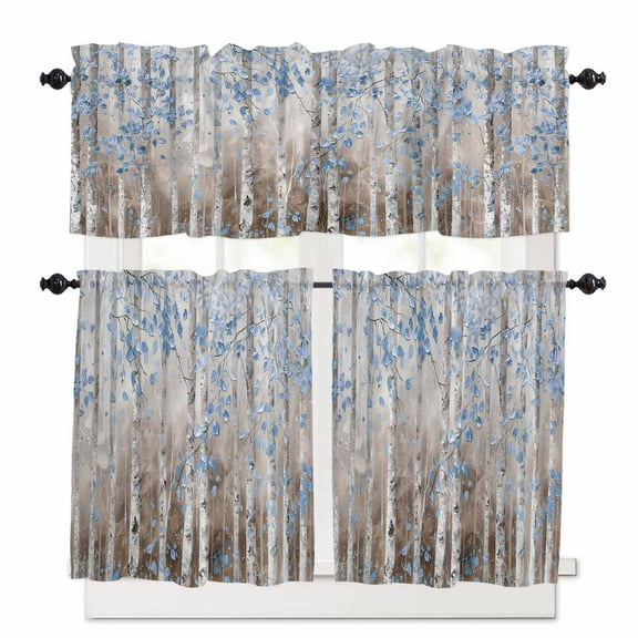 Blue Brown Forest Kitchen Curtains and Valances Set, 3 Piece Kitchen Curtains Set 36 Inch Length, Modern Oil Painting Art Rod Pocket Curtains Tier Farmhouse Window Curtains