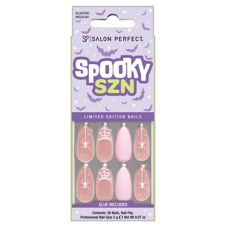 Salon Perfect Halloween Fall Artificial Fake Press On Nails, 408 Pink Web French, Medium Almond, File, Glue and Prep Pad Included, 30 Nails