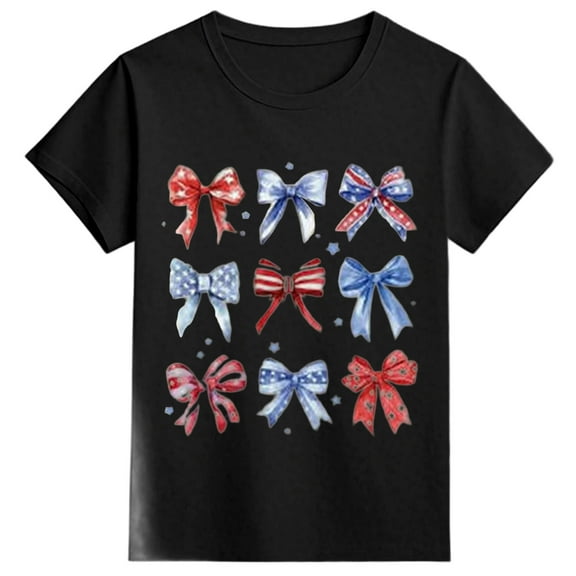 Bysome American Flag Shirt For Girls Toddler Crew Neck Short Sleeve Tshirts Bow Tie Print Cute Comfortable Summer Girls Tops Black Size 2-3 Years