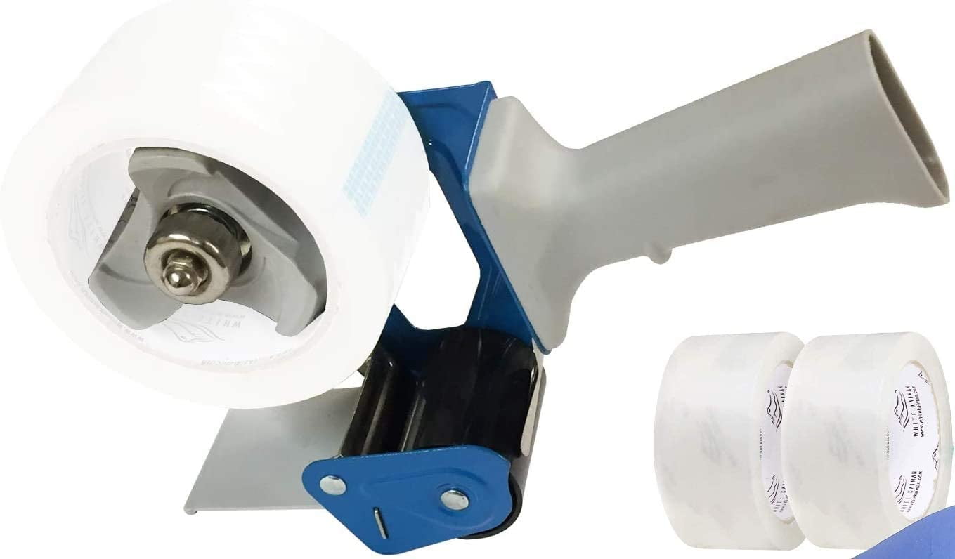 White Kaiman Packaging Tape Dispenser with 2 Rolls or 60 Yards 2.7Mil & 2' Wide Tape