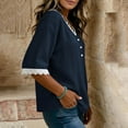 thumbnail image 7 of Otntypg Womens Linen Tops Elbow Length Sleeve Lace Trim Button V Neck T-shirt Dressy Casual Work Blouses Summer Outfits Beach Vacation Tunic Tees Shirt Navy M, 7 of 7