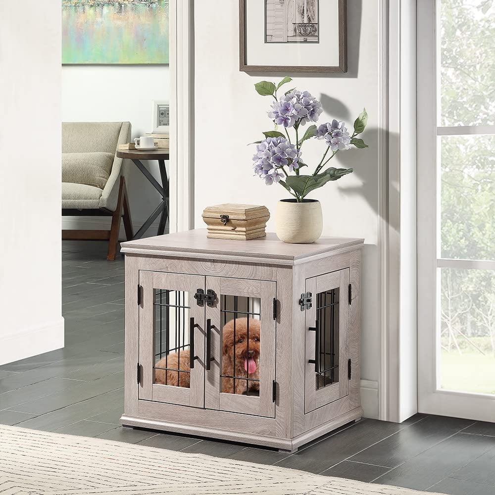 Unipaws Furniture Style Dog Crate End Table with Pet Bed, Small